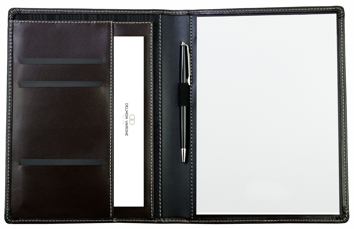 Schreibmappe DIN A5, incl. Memoblock CAMBRIDGE Top Grain Leder mit heller Kontrastnaht dunkelbraun